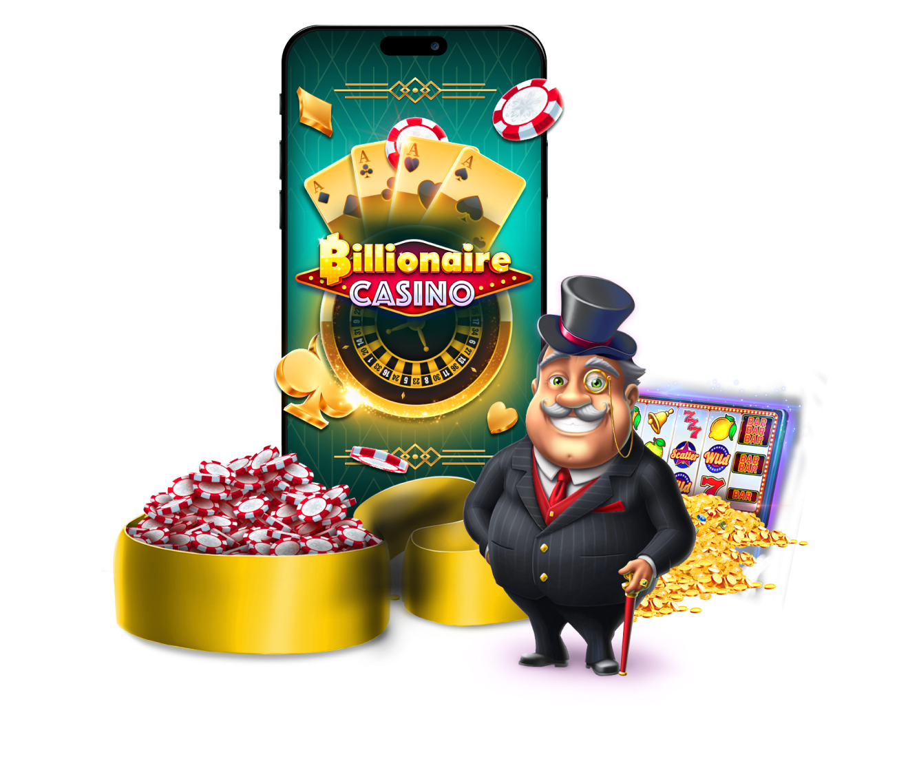 Billionaire Casino characters and mobile game display