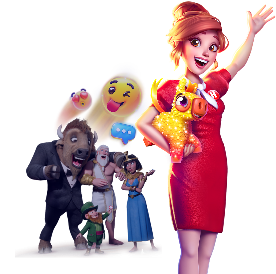A welcoming host with a colourful cast of casino game characters