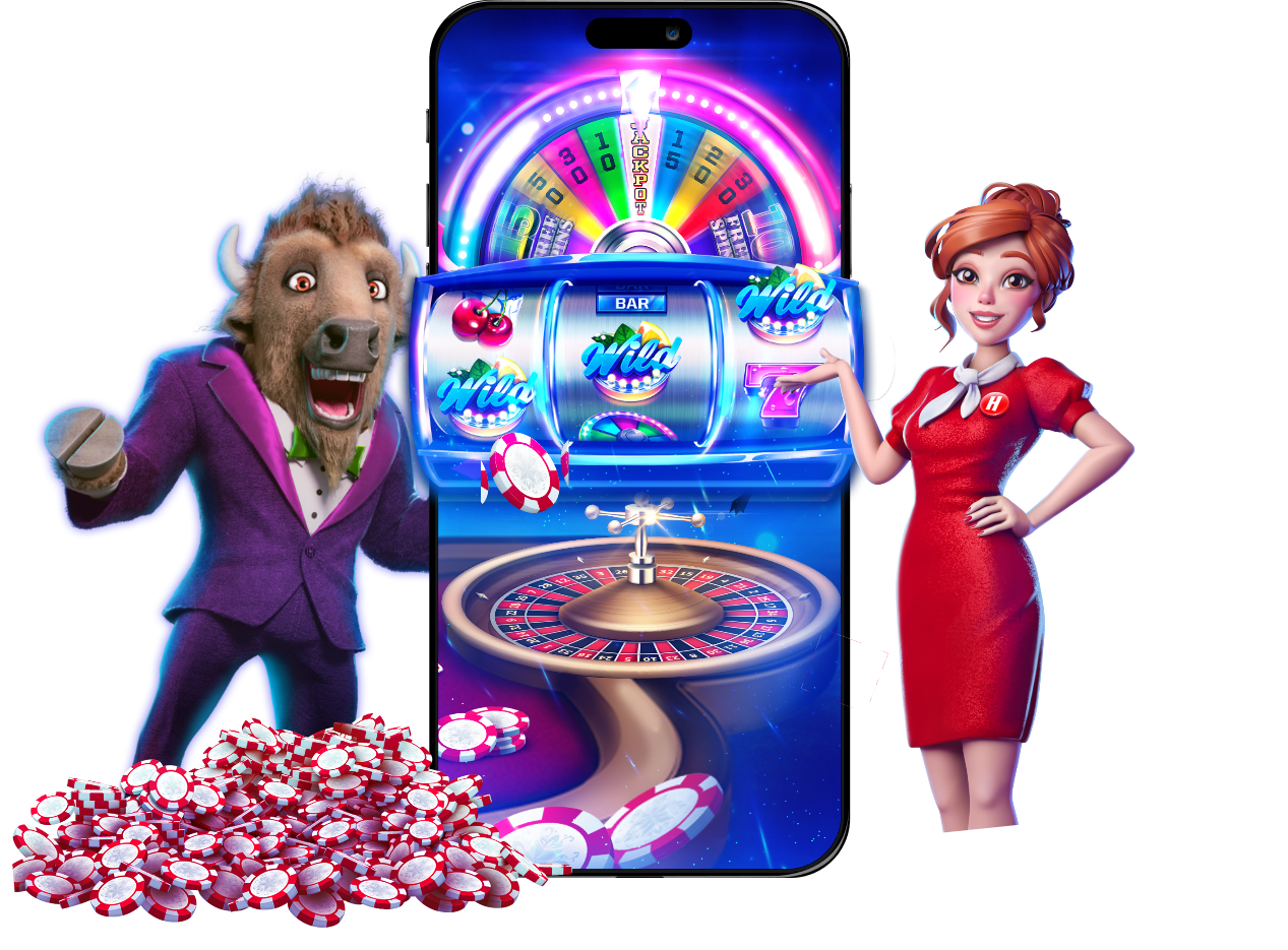 Huuuge Casino host and buffalo beside a mobile slot game