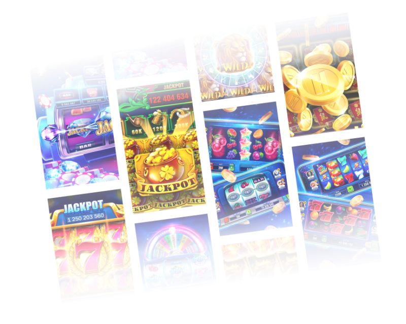 A collage of mobile slot games and virtual coin artwork